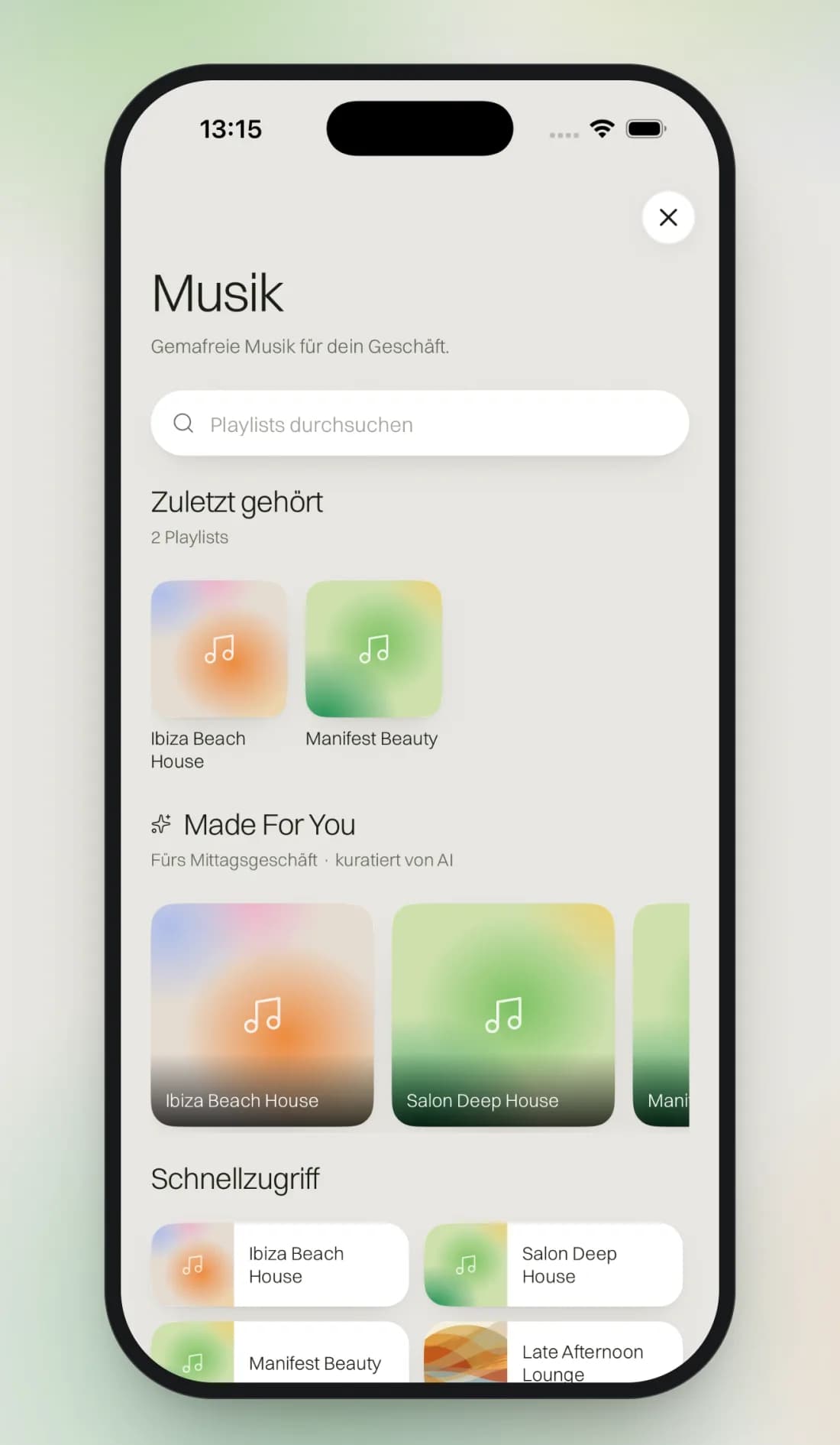 Musik-Ansicht der Sterne-App mit kuratierten Playlists für den Laden.