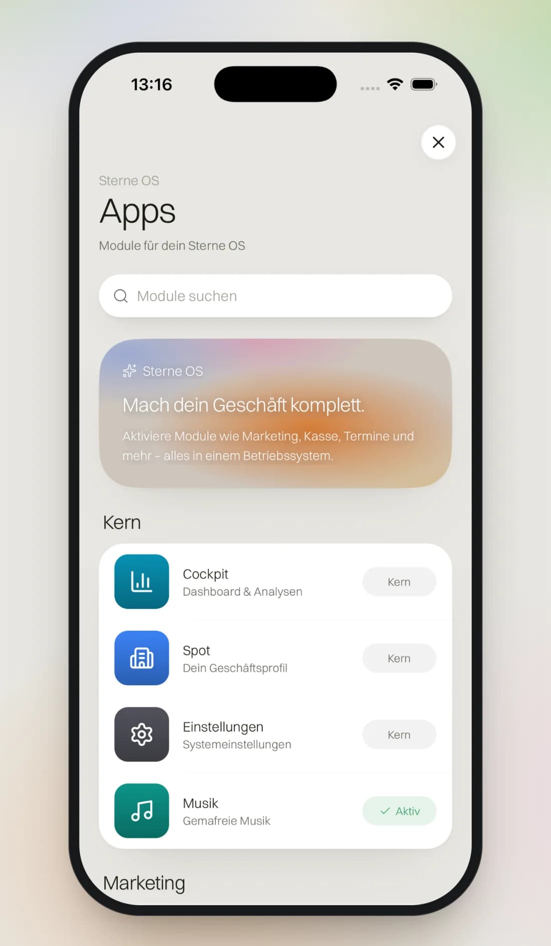 Modul-Übersicht der Sterne-App mit Cockpit, Spot, Musik und weiteren Funktionen.