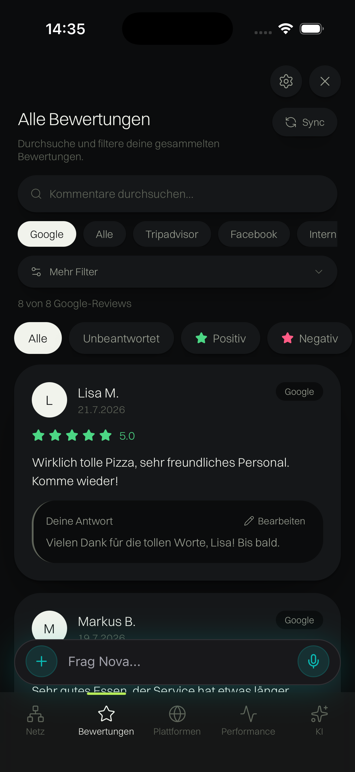 Originale Bewertungsansicht der Sterne App mit Google-Bewertungen und Antworten im Demo-Konto.
