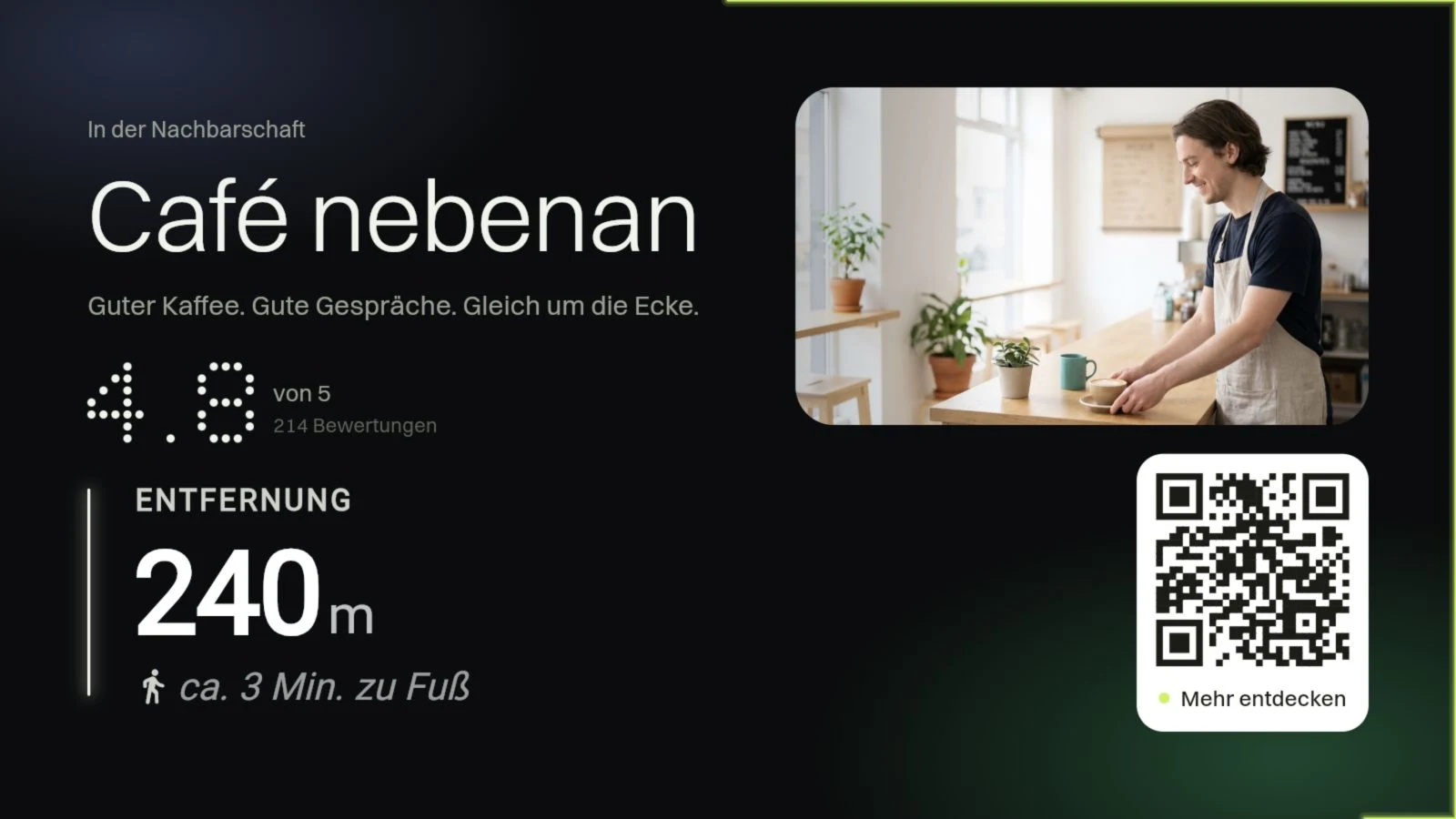 Ein Laden allein auf dem Bildschirm: Café nebenan mit Foto, Bewertungen, Entfernung und QR-Code. Ein Beispiel.